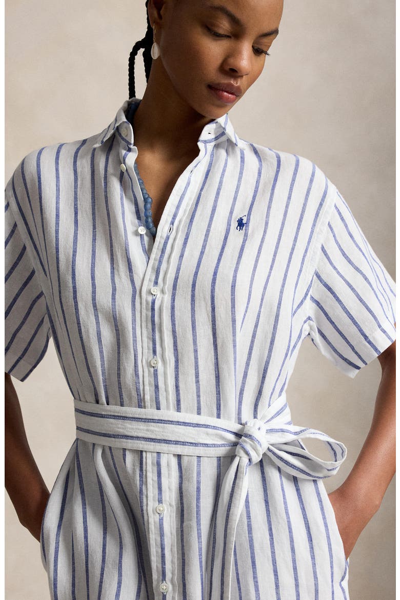 Striped Belted Linen Midi Shirtdress, Alternate, color, WHITE-ROYAL