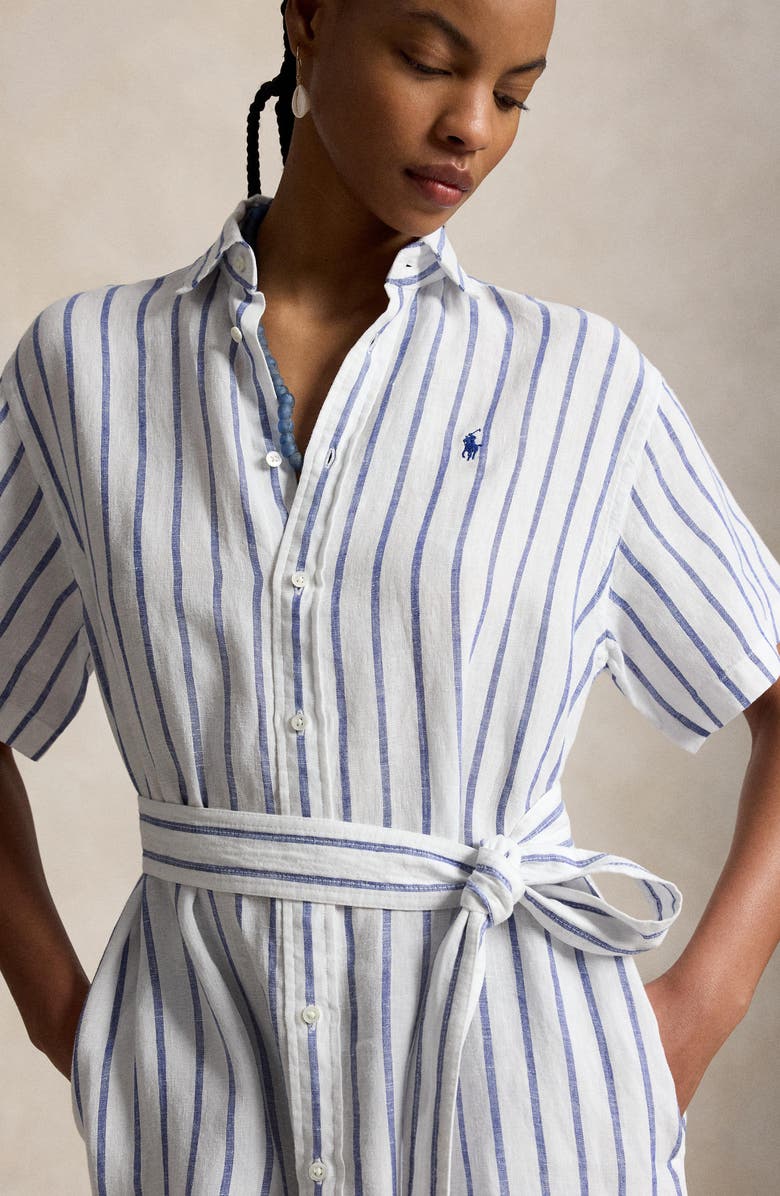Polo Ralph Lauren Striped Belted Linen Midi Shirtdress, Alternate, color, White-Royal