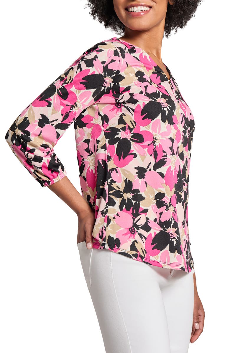 Jones New York Floral Three-Quarter Sleeve Crepe Top, Alternate, color, 