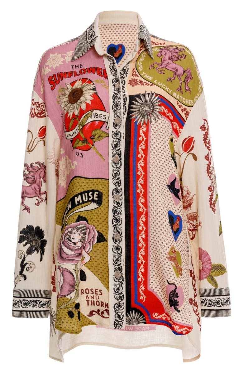 Agua Bendita Anastasia Matches Long Sleeve Cotton Cover-Up Shirt, Alternate, color, White Multi