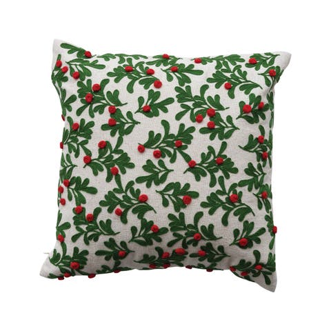 Square Cotton and Linen Pillow with Embroidered Mistletoe Pattern and Pom Poms, Natural, Green, and Red