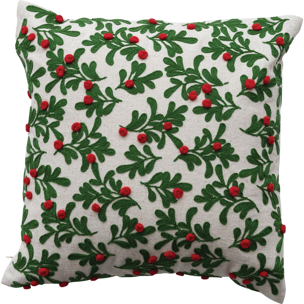 Storied Home Square Cotton And Linen Pillow With Embroidered Mistletoe Pattern And Pom Poms, Natural In Green