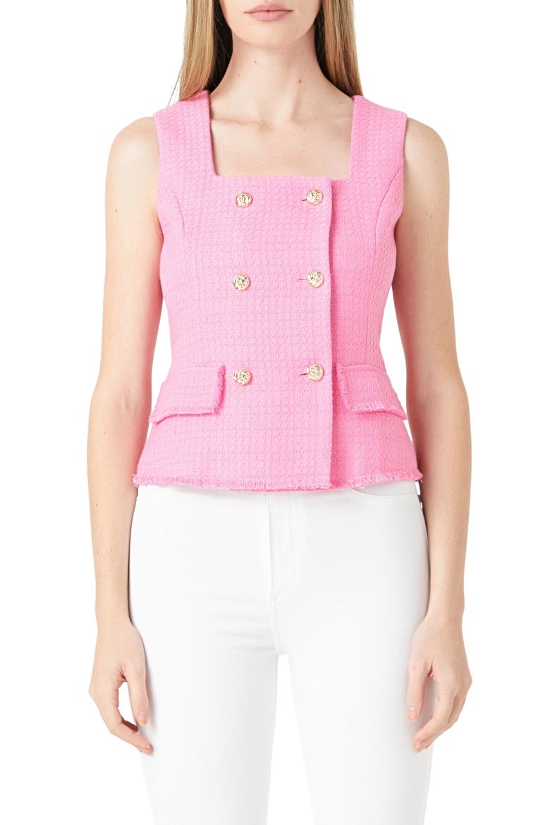 Fringe Double Breasted Sleeveless Tweed Top, Main, color, PINK