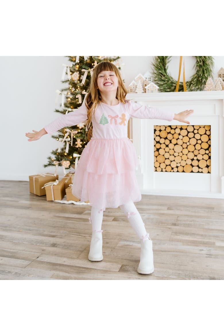 Gingerbread Embroidered Christmas Long Sleeve Tutu Dress, Alternate, color, Pink