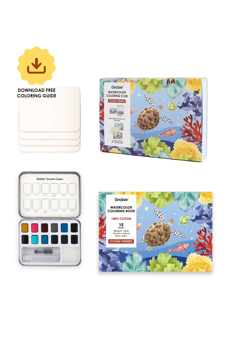 Ocean Themed Watercolor Coloring Club Box, Main, color, Ocean