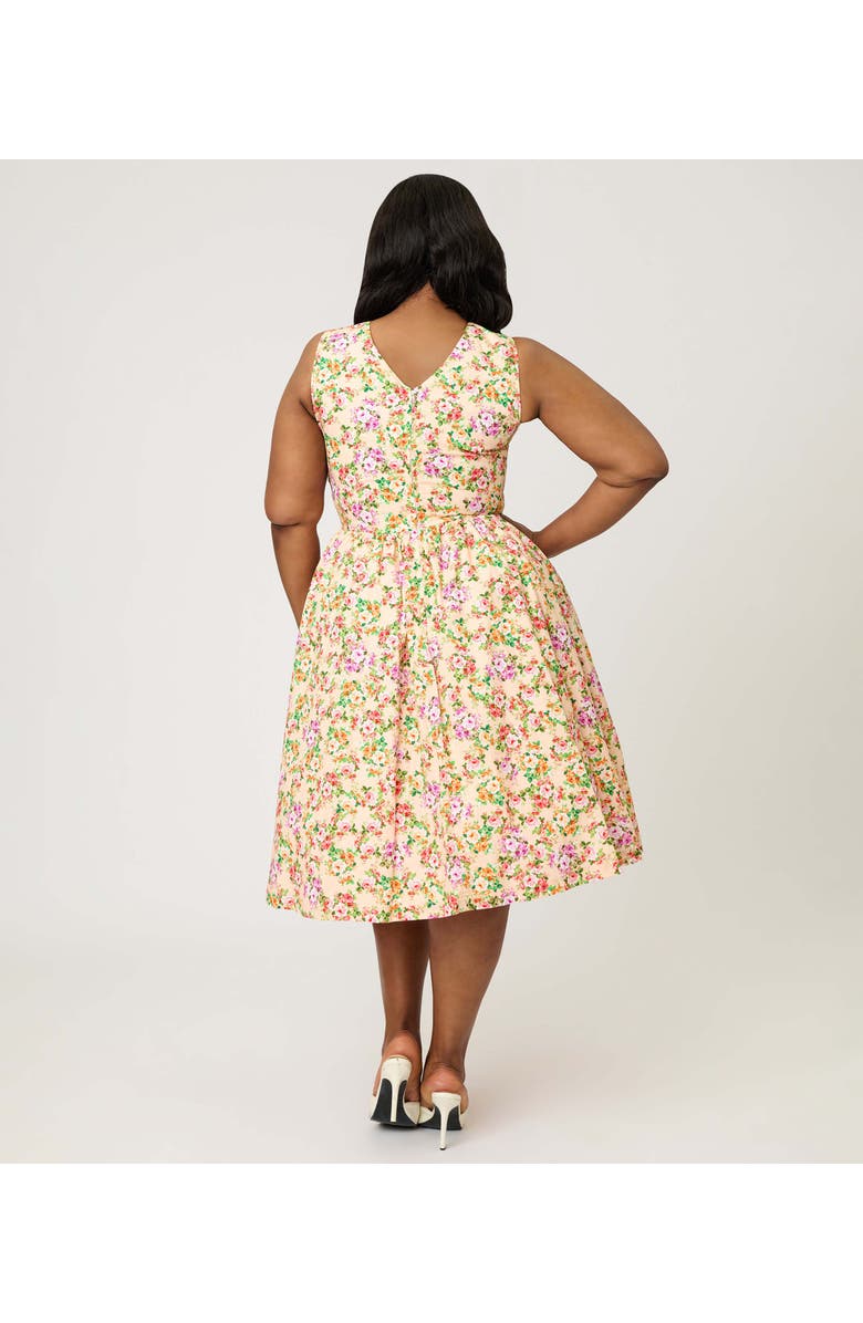 Unique Vintage Plus Size 1960s Garden Party Swing Dress, Alternate, color, Beige W/ Pink Bow Floral Print