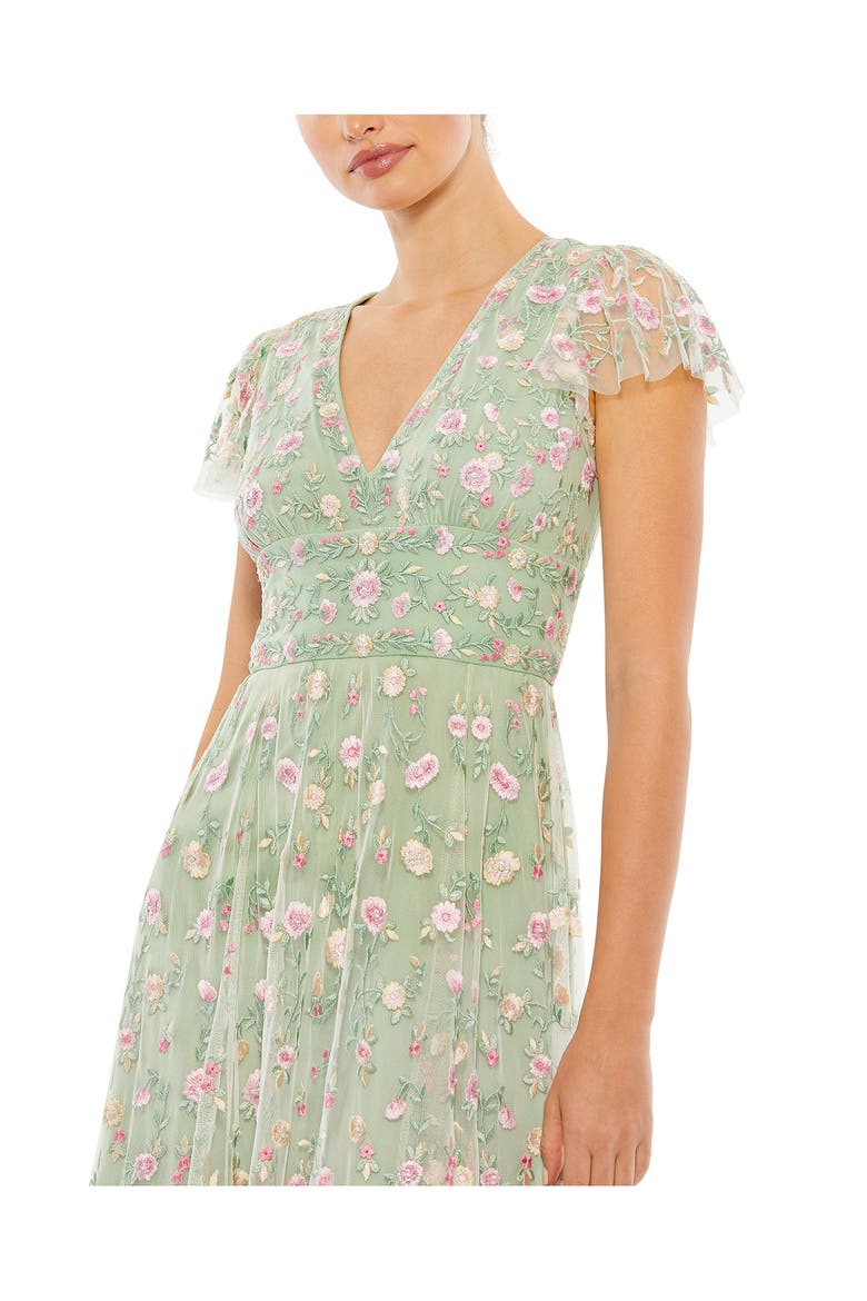 Embroidered V Neck Cap Sleeve Midi Dress, Alternate, color, SAGE