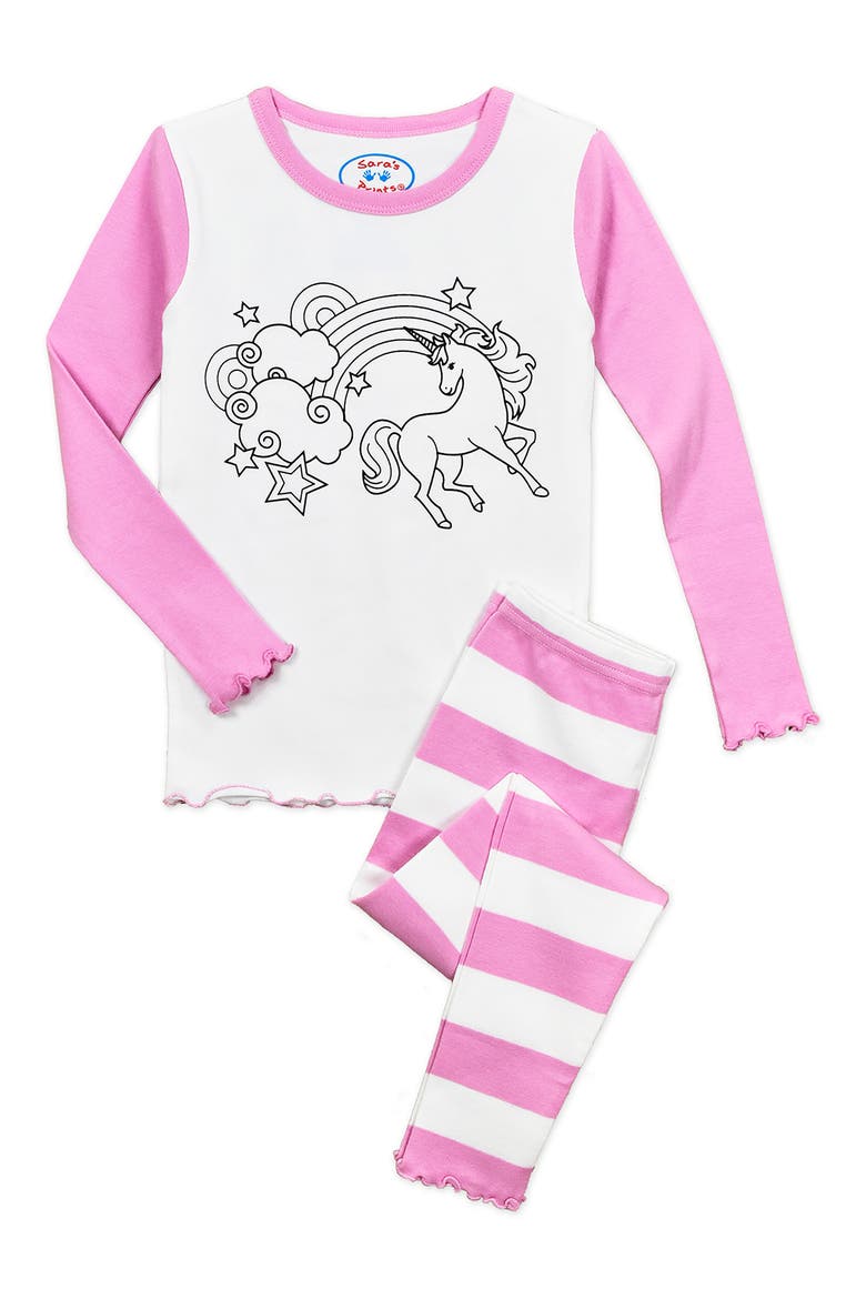 Sara's Prints Kids' Color Me Two-Piece Fitted Pajamas with 6-Piece Marker Set, Main, color, PINK