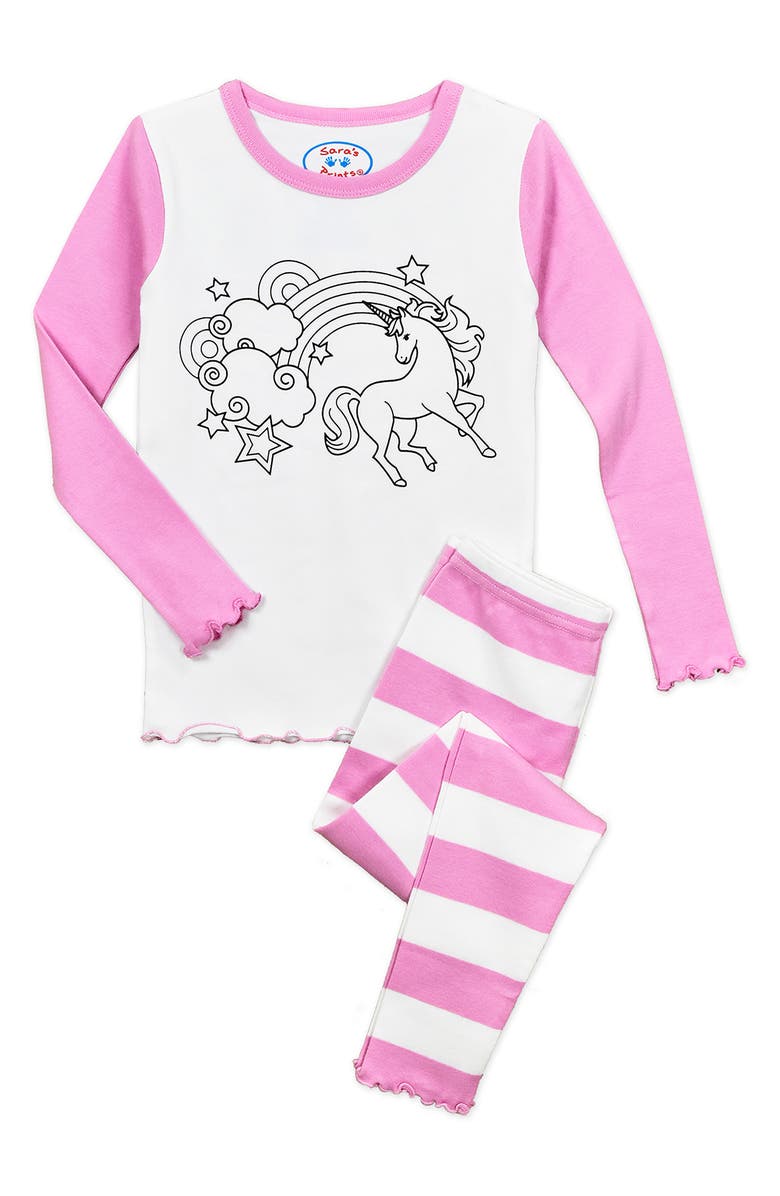Sara’s Prints Sara's Prints Kids' Color Me Two-Piece Fitted Pajamas with 6-Piece Marker Set, Main, color, Pink
