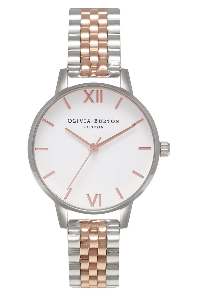 Midi Round Bracelet Watch, 30mm, Main, color, SILVER/ WHITE/ ROSE GOLD