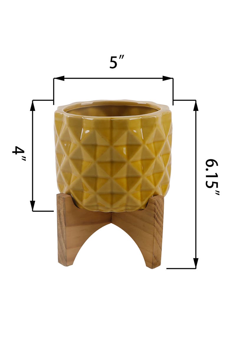 Mustard Geo Dimpled Ceramic Planter Pot on Wood Stand, Alternate, color, MUSTARD