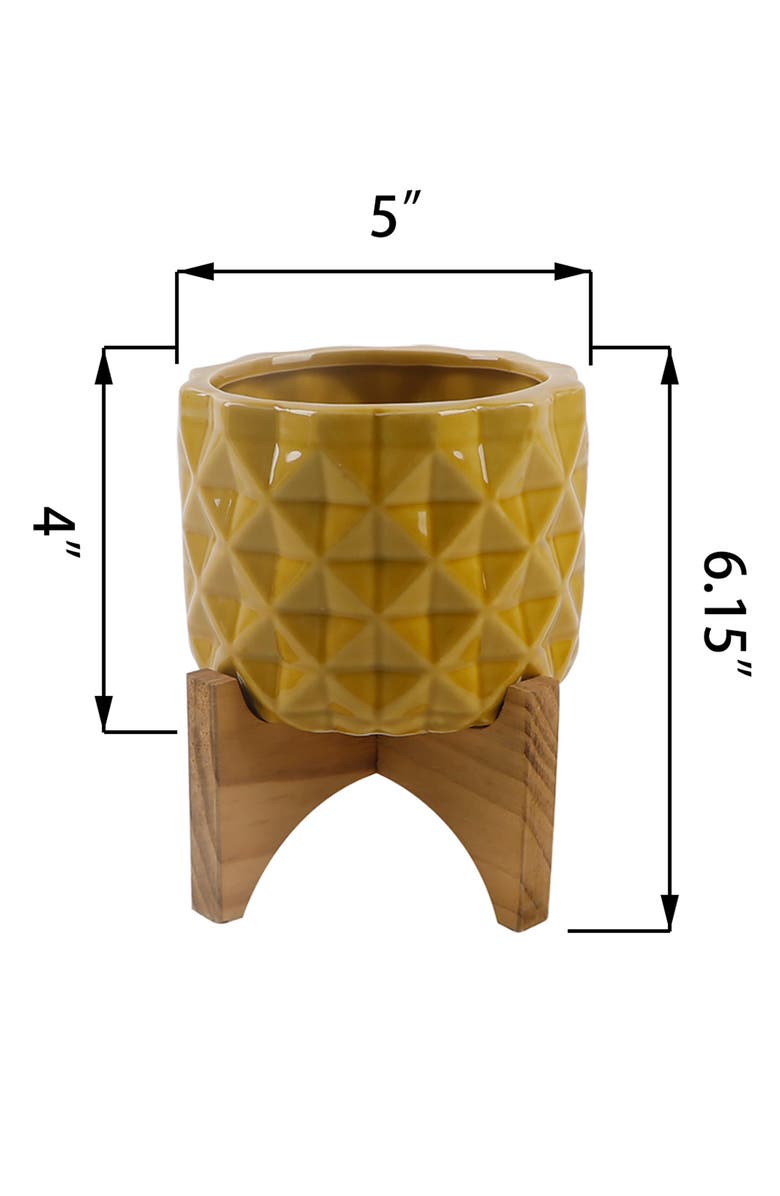 FLORA BUNDA Mustard Geo Dimpled Ceramic Planter Pot on Wood Stand, Alternate, color,