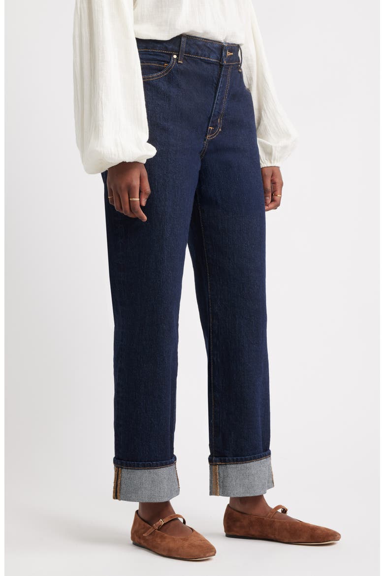 Cuffed High Waist Stretch Denim Straight Leg Jeans, Alternate, color, TRUE INDIGO WASH