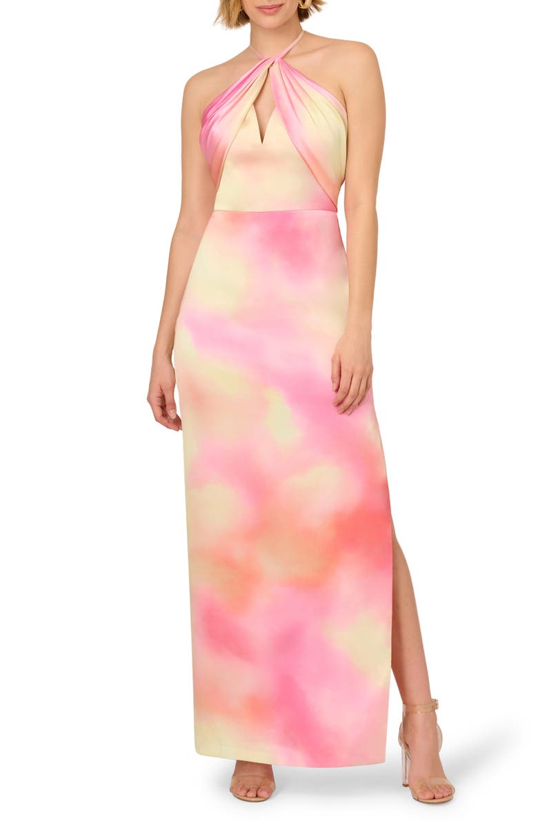 Adrianna Papell Watercolor Print Sateen Halter Dress, Main, color, Pink Multi