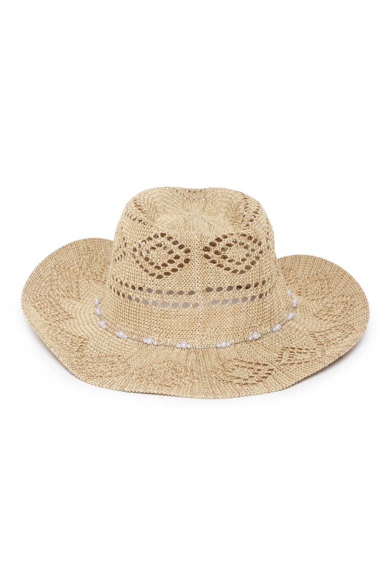 Faux Pearl Chain Woven Cowboy Hat, Alternate, color, LIGHT BROWN
