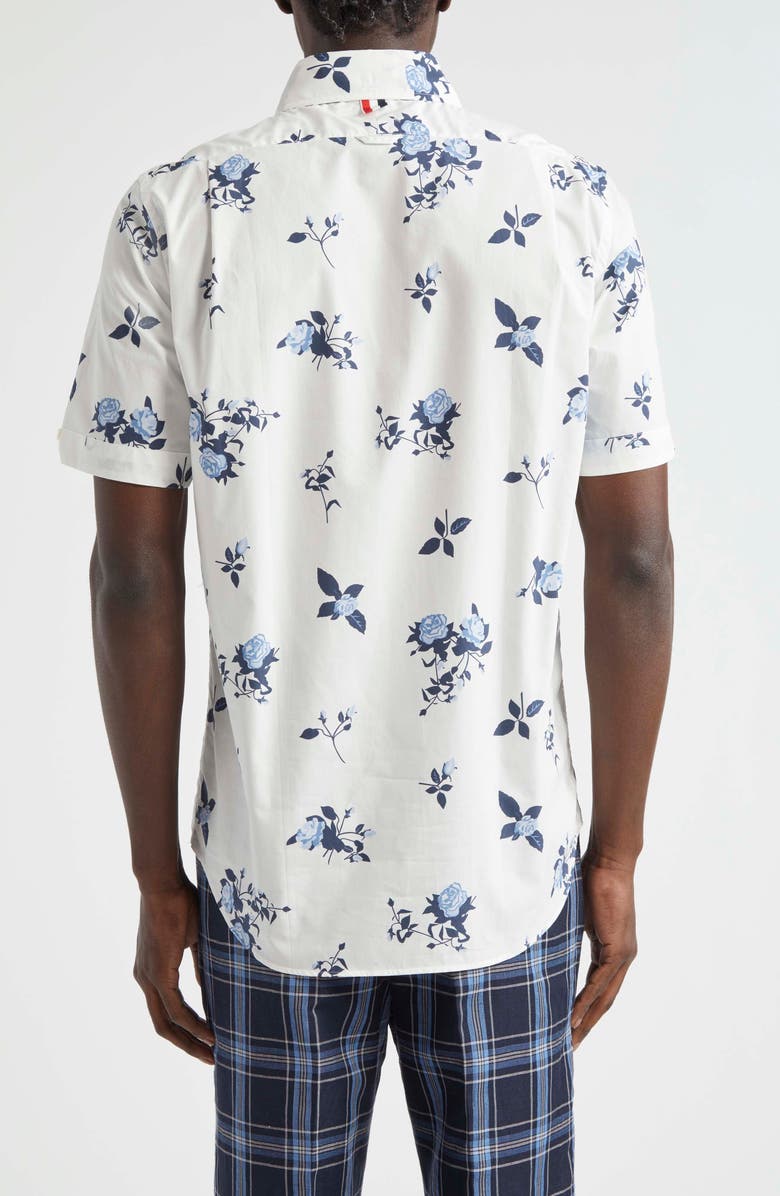 Thom Browne Straight Fit Floral Short Sleeve Cotton Poplin Button-Down Shirt, Alternate, color, 