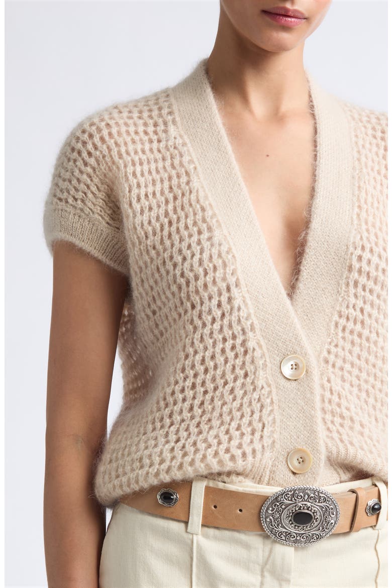 Open Stitch Short Sleeve Merino Wool & Silk Cardigan, Alternate, color, 00 IVORY