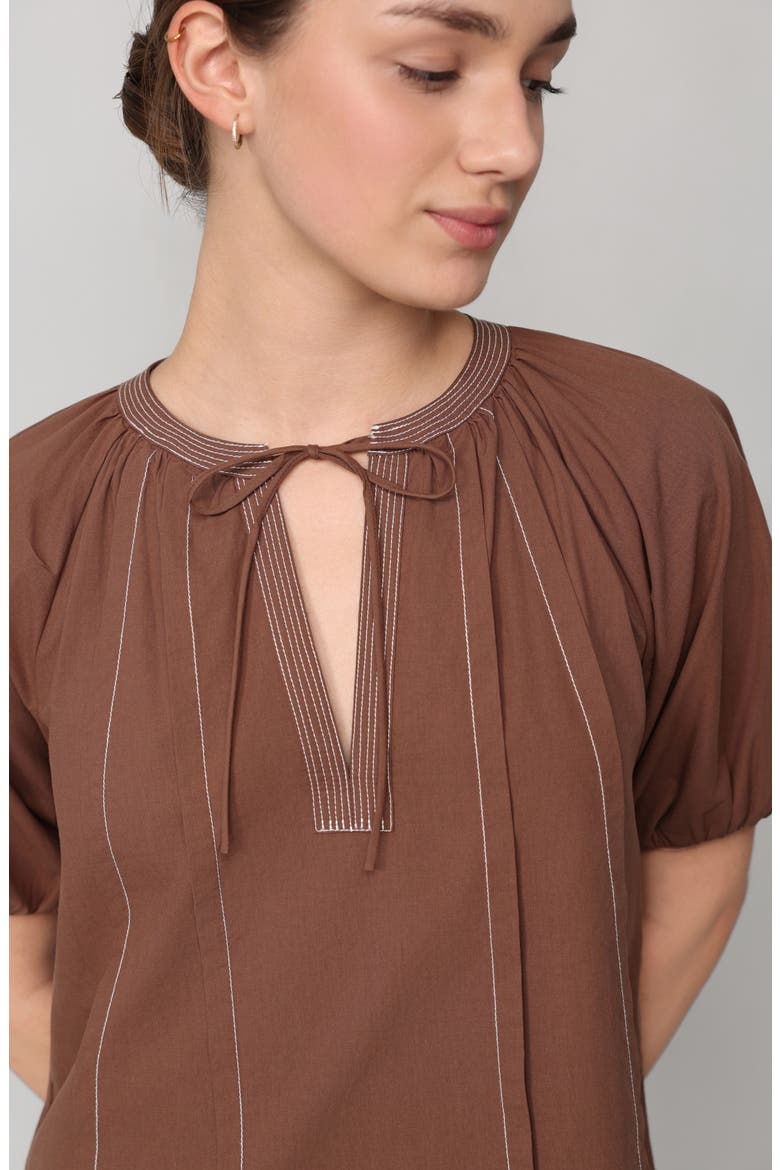 Contrast Stitch Puff Sleeve Top, Alternate, color, BROWN