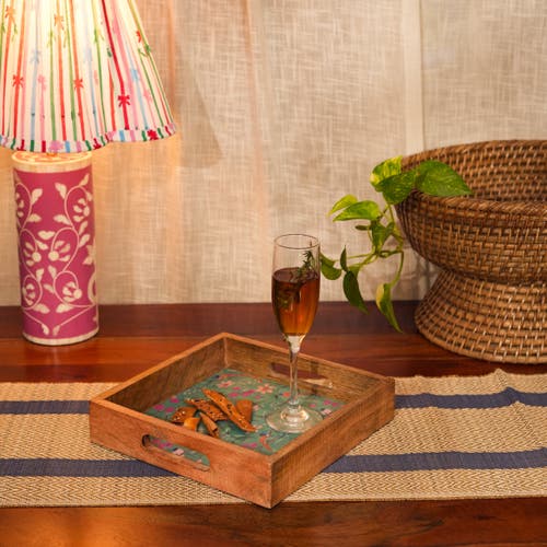 Mela Artisans Aqua Flora Inlay Tray In Brown