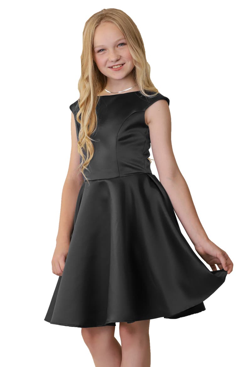 Kids' Cap Sleeve Satin Dress, Main, color, BLACK