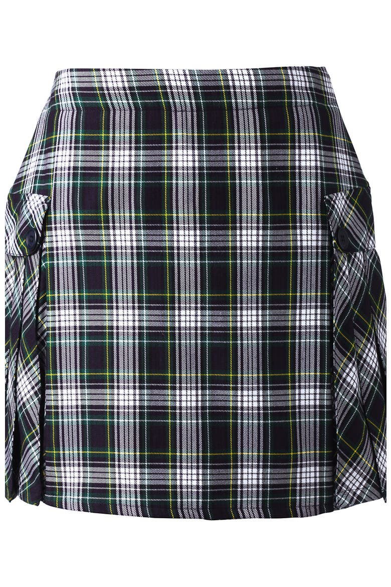 School Uniform Young  Side Pleat Plaid Skort Above the Knee, Alternate, color, White/Evergreen Plaid