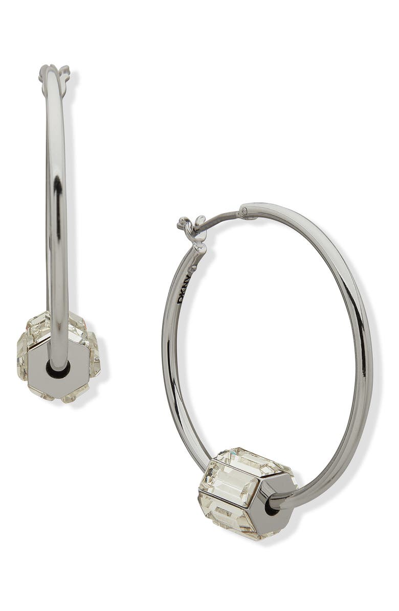 DKNY Baguette Rondelle Hoop Earrings, Main, color, Silver/ Crystal White