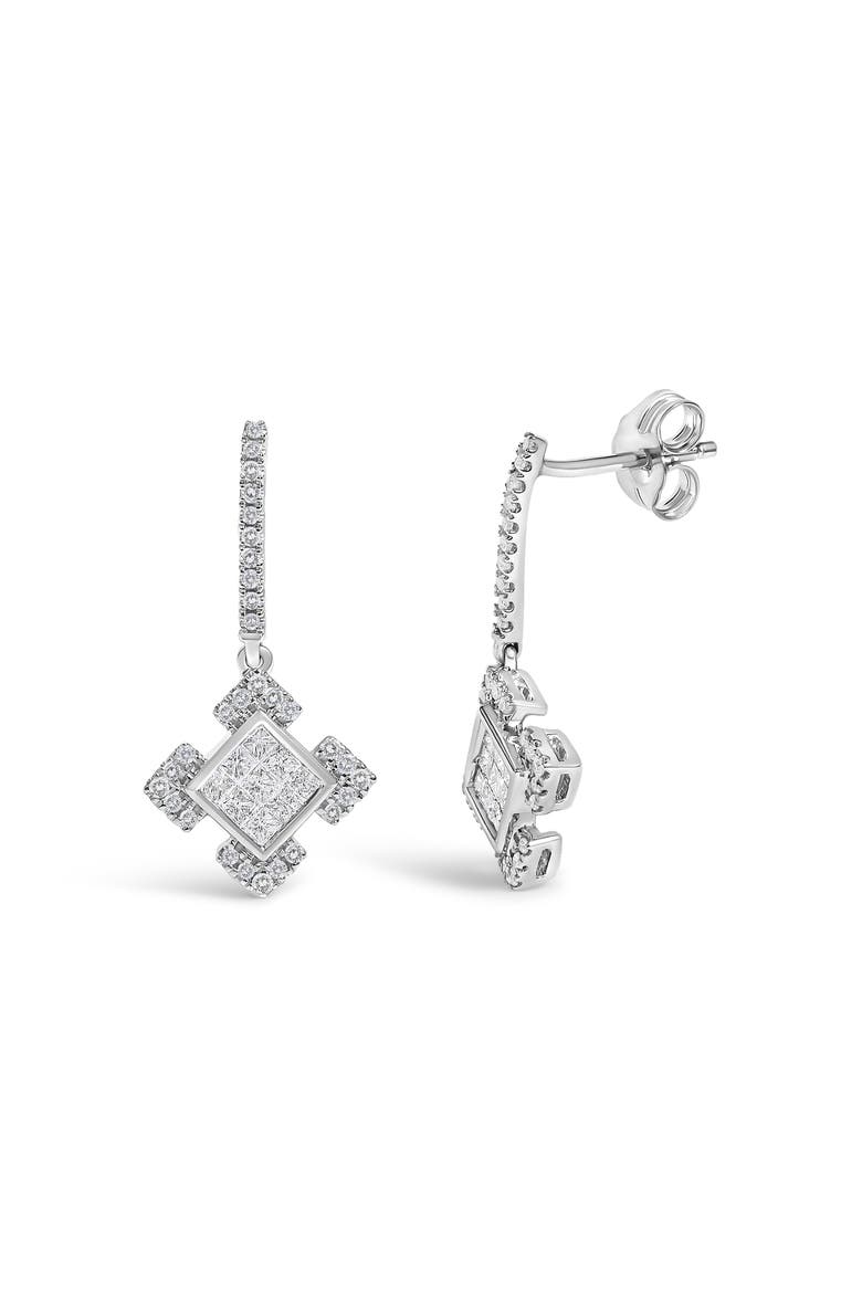 10K White Gold Princess and Round Diamond Geometric Composite Dangle Earrings, Alternate, color, White Gold
