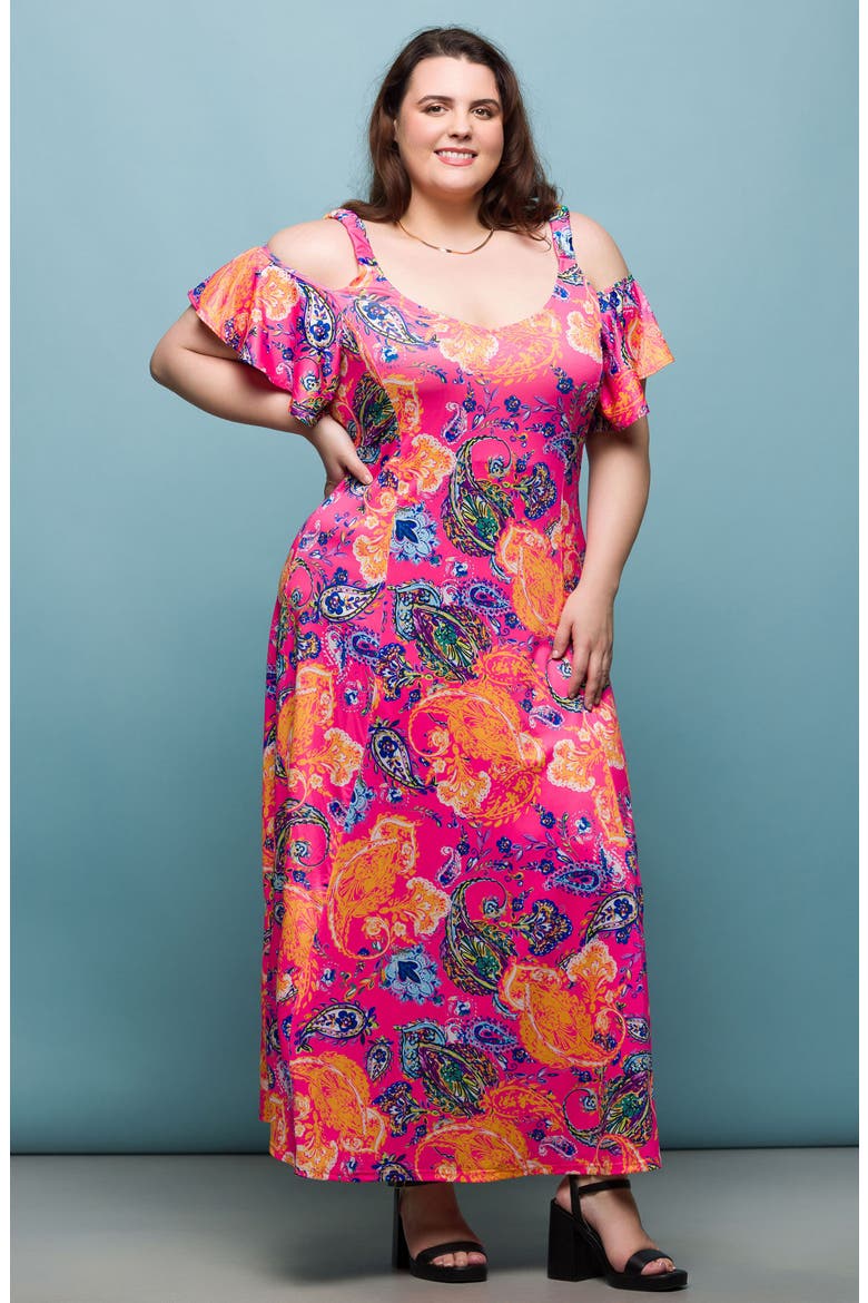 Printed Cold Shoulder Jersey Maxi Dress, Alternate, color, PINK MULTI