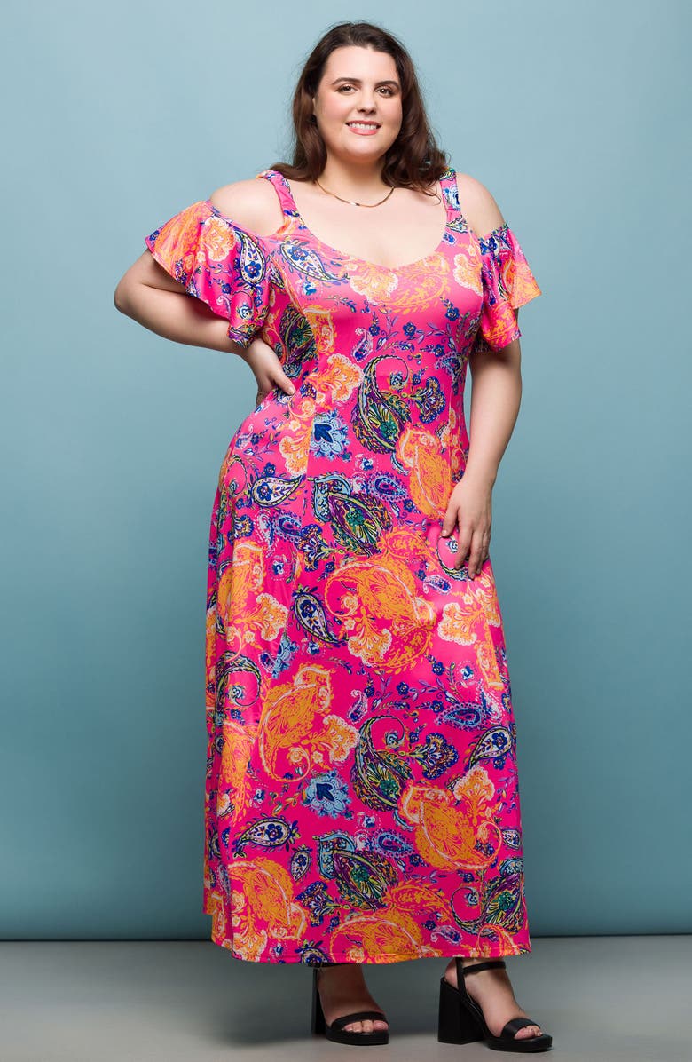 24seven Comfort Apparel Printed Cold Shoulder Jersey Maxi Dress, Alternate, color, Pink Multi
