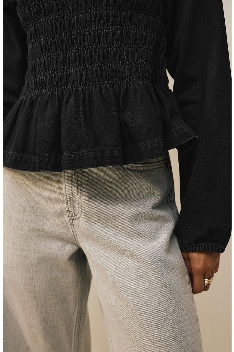 Smocked Peplum Cotton Denim Top, Alternate, color, BLACK