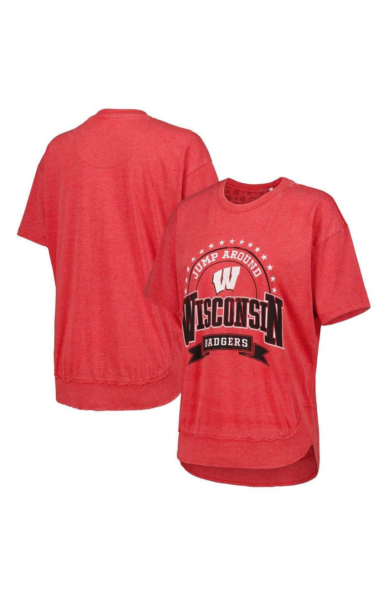 PRESSBOX Women's Pressbox Heather Red Wisconsin Badgers Vintage Wash Poncho Captain T-Shirt, Main, color, 