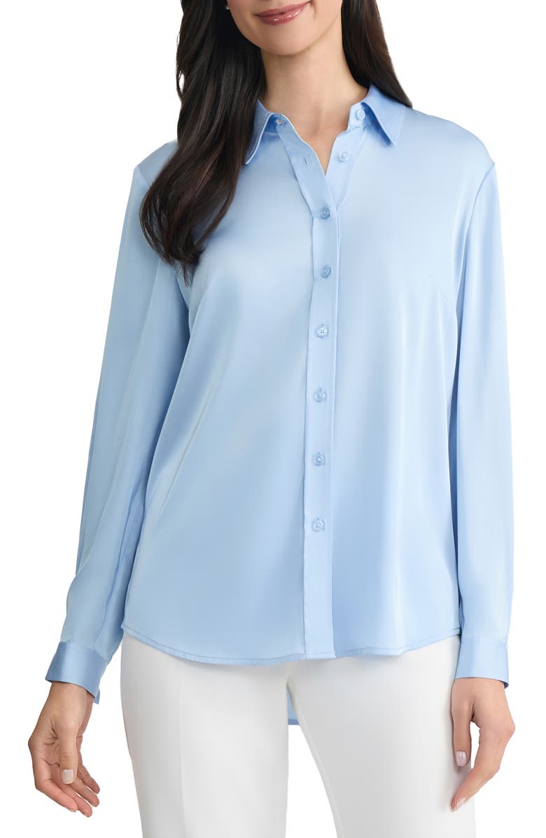 KASPER Point Collar Satin Button-Up Shirt, Main, color, Blue Sky
