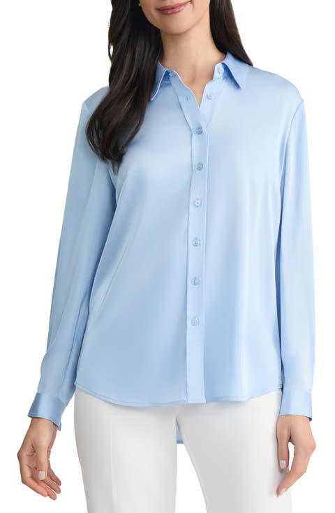 Point Collar Satin Button-Up Shirt