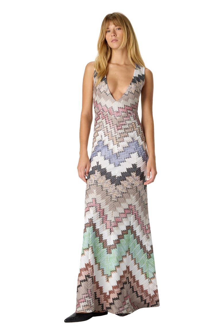 Long Dress In Viscose Lamé With Deep V-neck, Main, color, Multicoloured