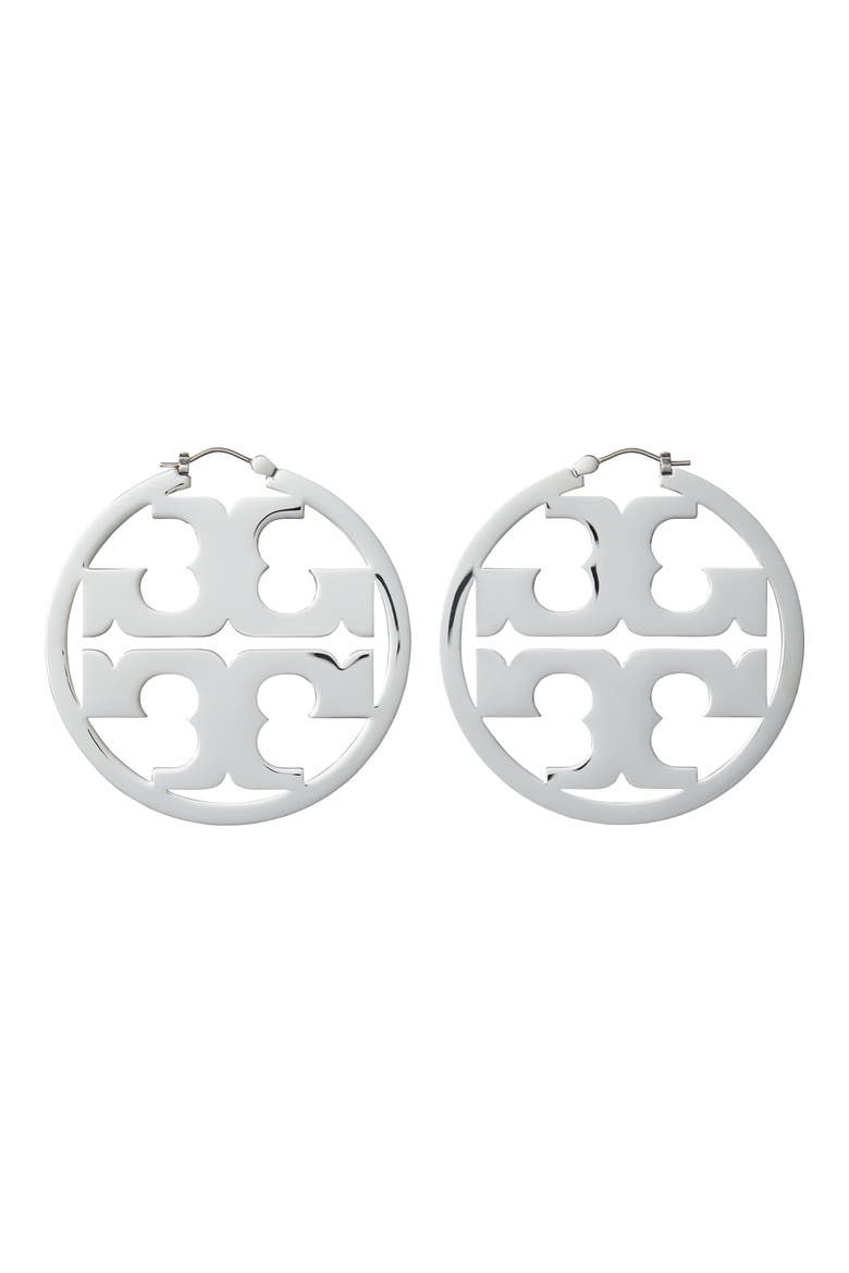 Large Icon Hoop Earrings, Main, color, TORY SILVER