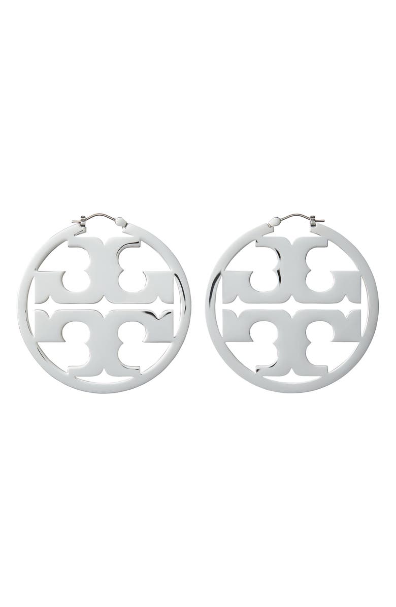 Tory Burch Large Icon Hoop Earrings, Main, color, Tory Silver