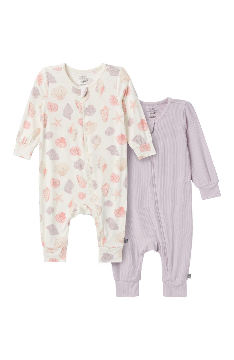 Modern Moments<sup
™</sup
 by Gerber 2-Pack Baby Girls Ivory Seashells Footless Coveralls, Main, color, Seashells