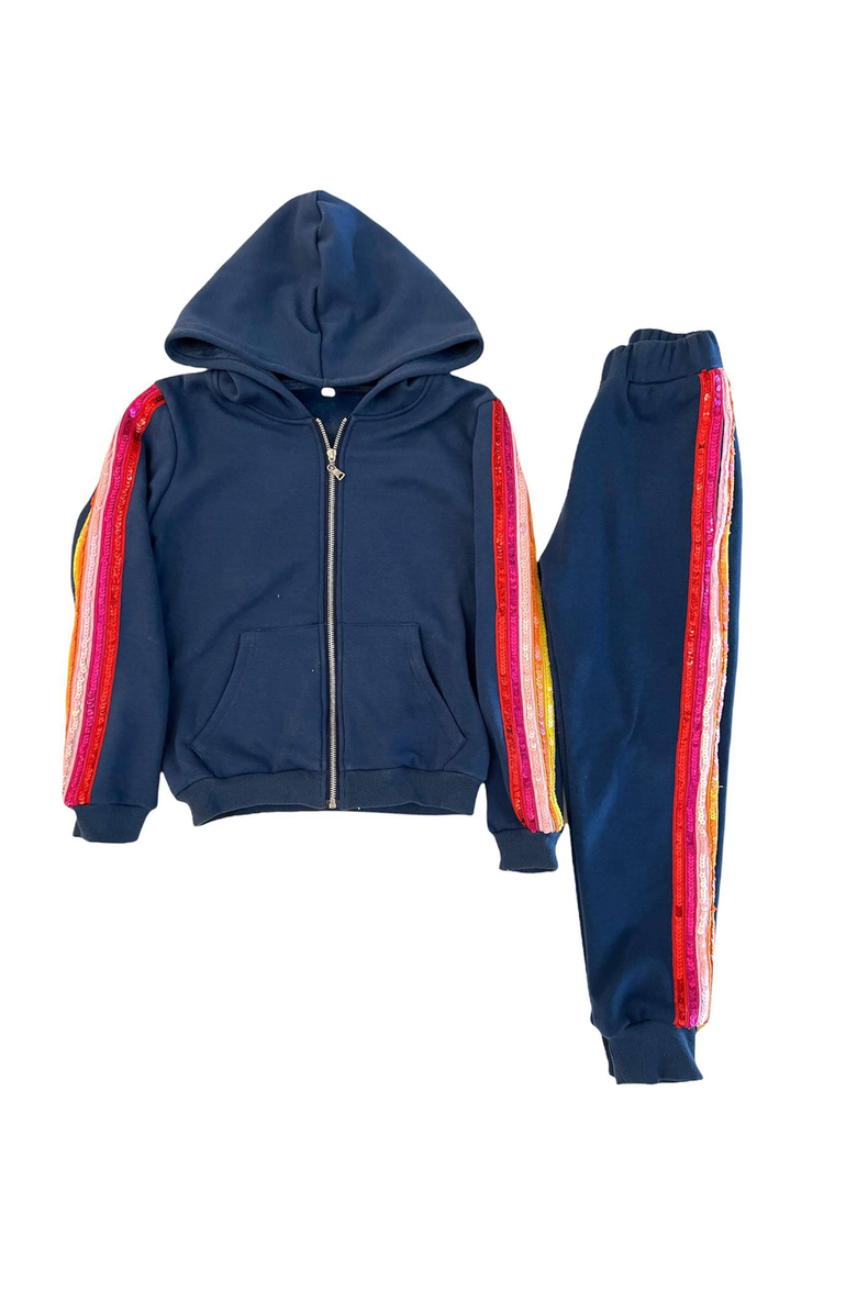 Lola + The Boys Navy Sequin Hoodie Trackset, Main, color, 