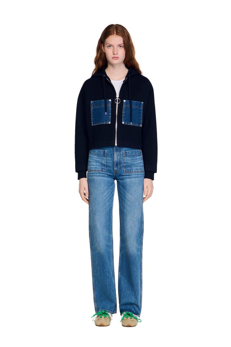 Knit and denim sweatshirt, Alternate, color, Navy blue