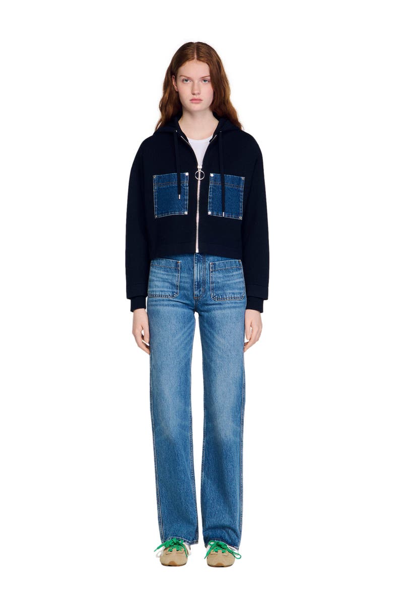 SANDRO Knit and denim sweatshirt, Alternate, color, Navy Blue