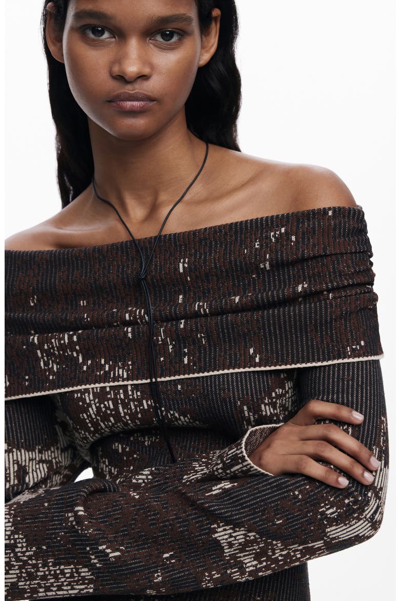 Off the Shoulder Long Sleeve Rib Dress, Alternate, color, BROWN