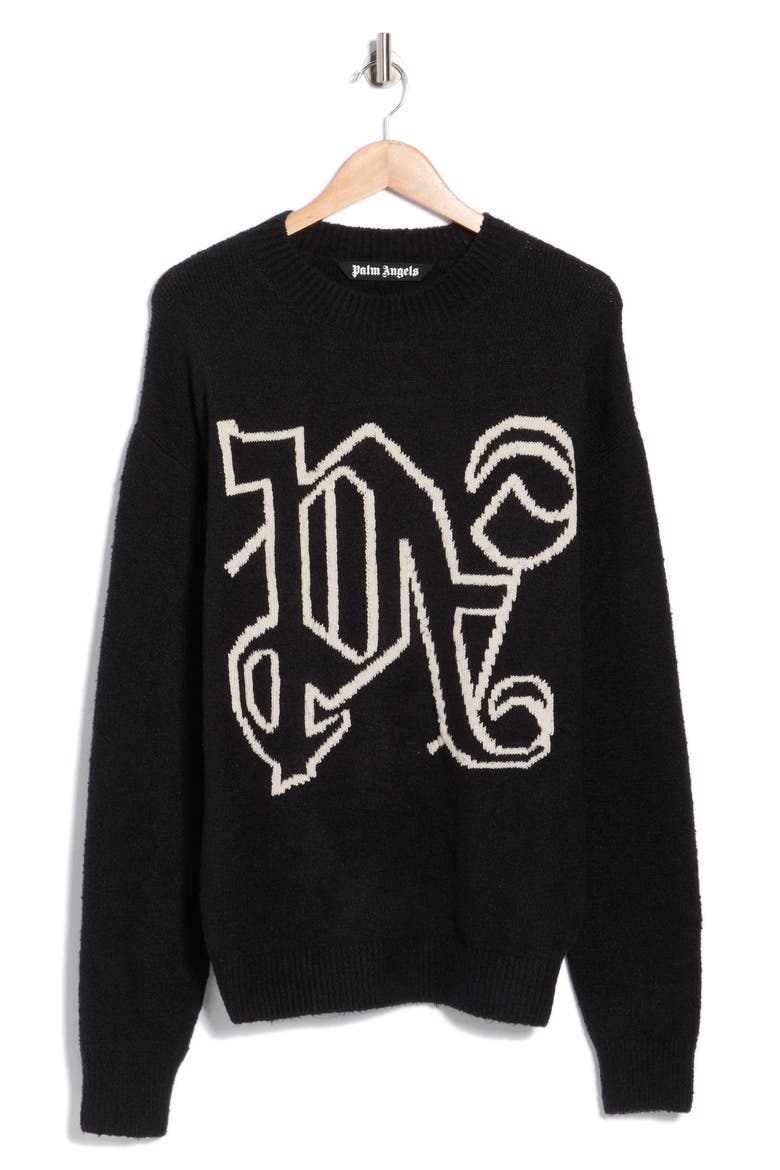 Logo Monogram Intarsia Knit Sweater, Alternate, color, BLACK WHITE