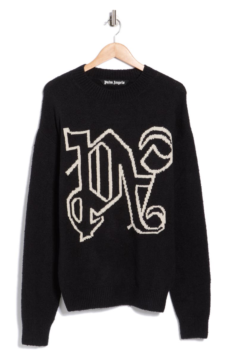 Palm Angels Logo Monogram Intarsia Knit Sweater, Main, color, Black White