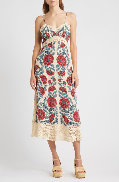 ワンピース Lace Trimmed Floral Dress Floral V-Neck Lace-Trim Midi Dress