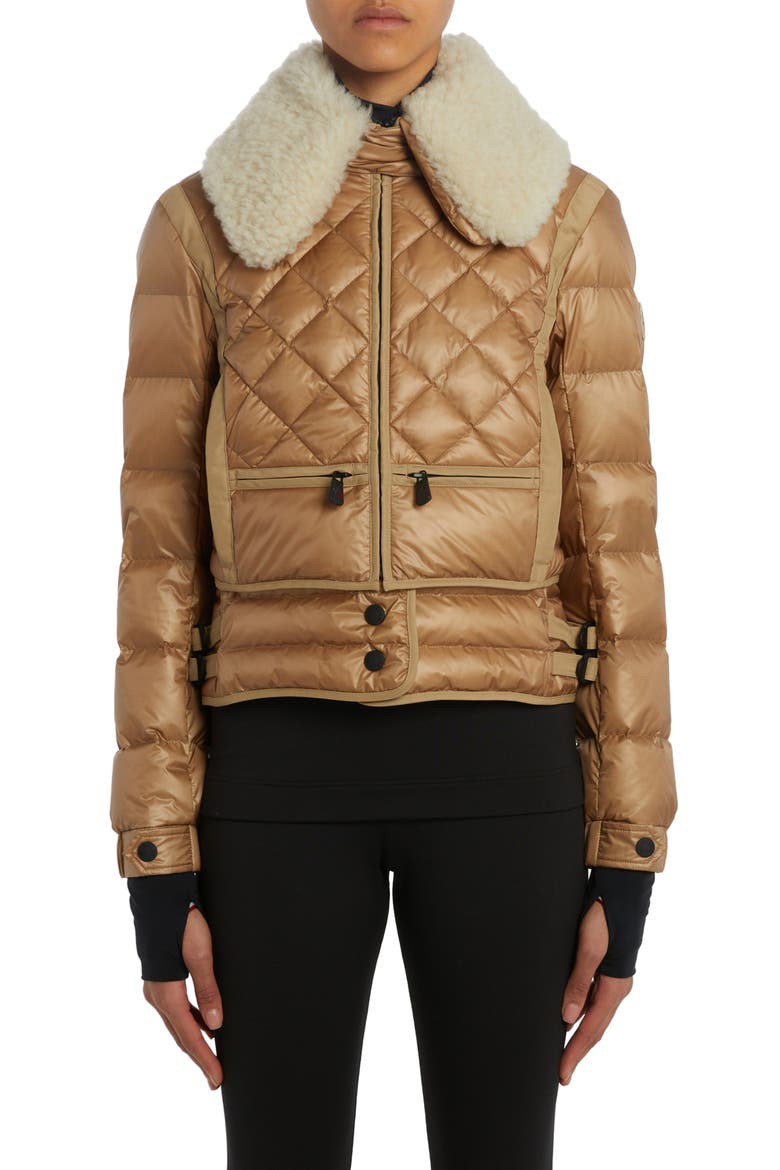 Chaviere Quilted Down Jacket with Genuine Shearling Trim, Main, color, BEIGE