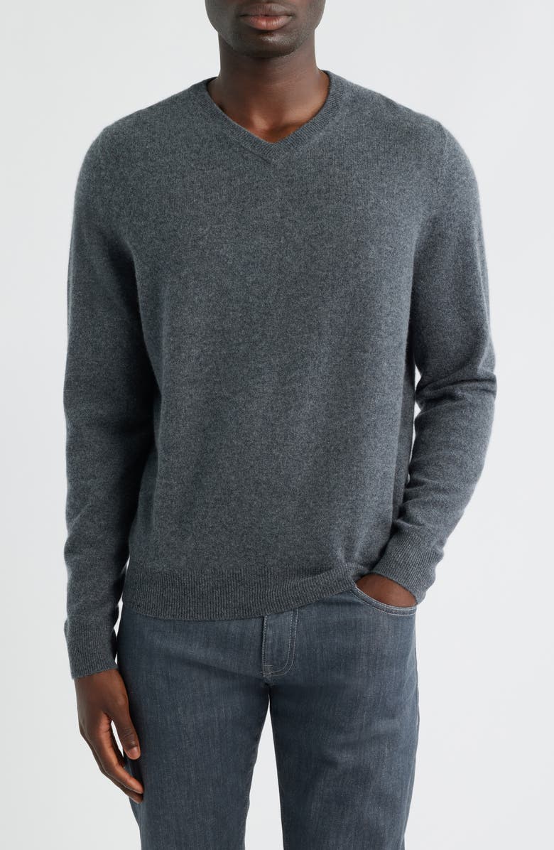 Nordstrom Cashmere V-Neck Sweater, Main, color, Grey Embers Heather
