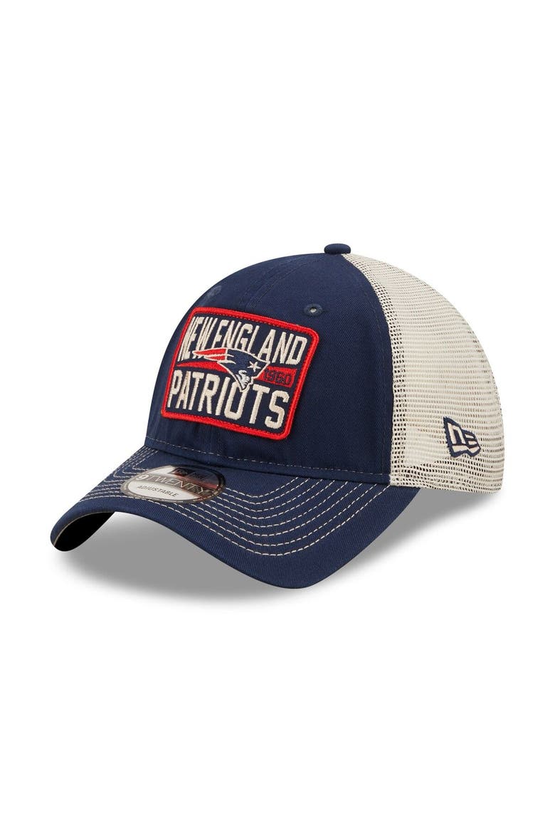 Men's New Era  Navy/Natural New England Patriots  Devoted Trucker 9TWENTY Snapback Hat, Main, color, Navy
