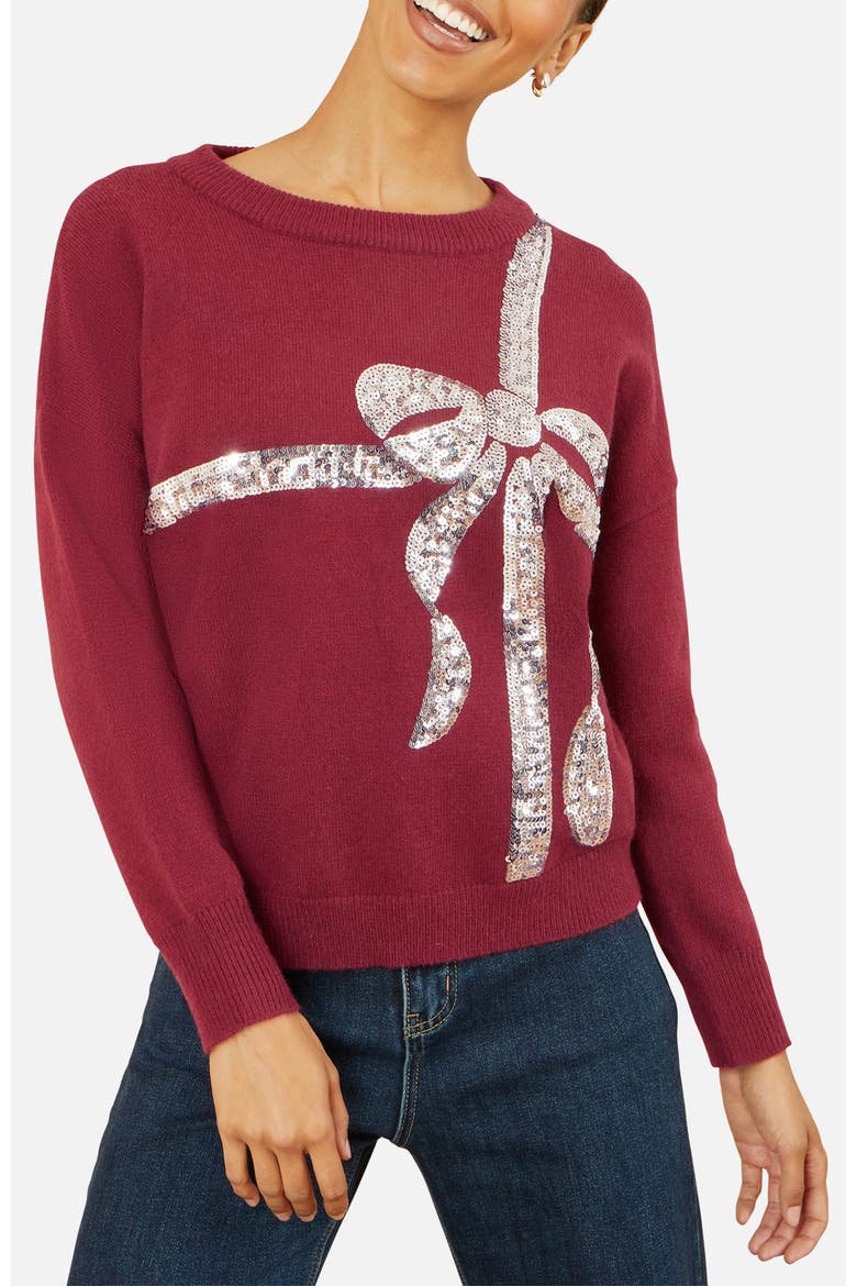 Sequin Bow Knitted Sweater, Alternate, color, Burgundy