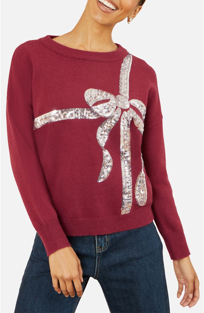 Yumi Sequin Bow Knitted Sweater, Alternate, color, Burgundy