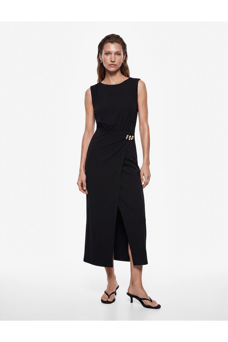 Sleeveless Crew Neck Draped Midi Dress With Accessory Detail, Main, color, BLACK